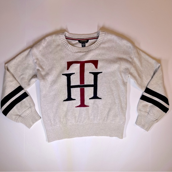 Tommy Hilfiger Girls Oak Heather TH Logo Sweater - Size Girls Large - Crewneck - Picture 1 of 8